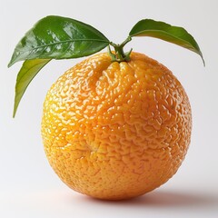 Poster - Single Ripe Orange With Green Leaves on White Background