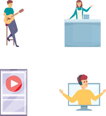 Poster - video blogging icons set cartoon vector. blogger streaming video on social media. internet technolog