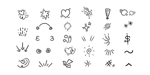 Cartoon Expression Sign Doodle, Hand Drawn Scribble vector isolated design set,Decorative design set,cute effect design,emotion symbols.