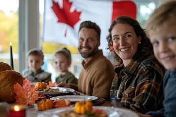 Family celebrating Thanksgiving with Canadian flag background