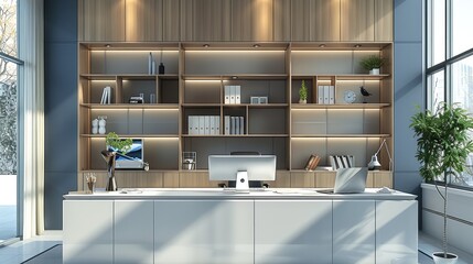 Aufkleber - Manager office, innovation theme, office wall storage behind the manager desk, custom wall open shelves with hidden storage, fluidity concept, modern. Generative AI.