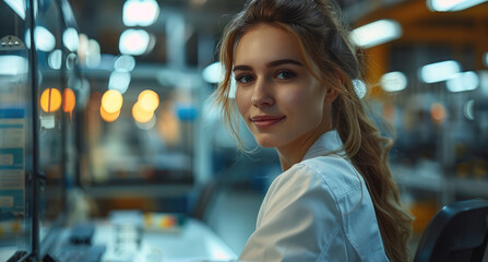 Wall Mural - Beautiful woman working as an industrial process technician, sitting at a computer with the factory floor in the background behind a large glass wall, modern technology environment. Generative AI.