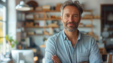 Poster - Classic portrait of an architect, inside his modern office. Generative AI.