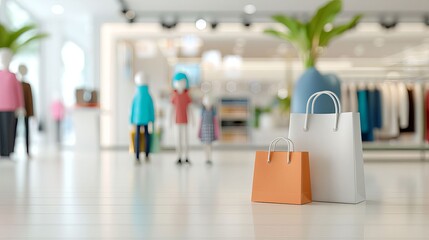 Wall Mural - A white and orange shopping bag is placed on a wooden floor in a store