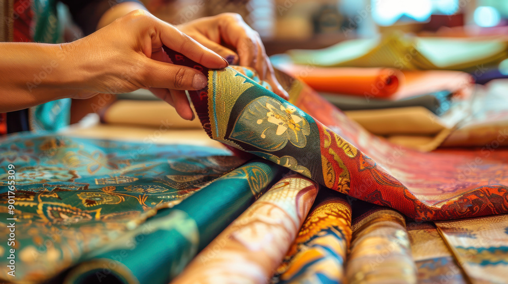 A photograph of diverse fabric swatches in a catalog, hands of