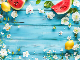 Wall Mural - Rustic blue wooden background with watermelon, lemon and flowers. Copy space