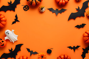 Wall Mural - Happy halloween holiday concept. Halloween decorations, pumpkins, bats, ghosts on orange background. Halloween party greeting card mockup with copy space. Flat lay, top view, overhead.