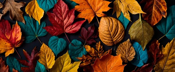 Wall Mural - Vibrant fall season background with colorful orange, yellow, deep red, and teal, layered fallen leaves on dark background. Bright flat lay autumn header wallpaper design.