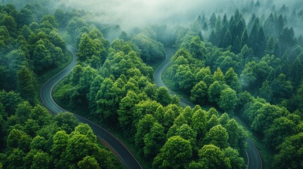 Wall Mural - winding road through lush green forest surrounded by misty mountains at dawn. generative ai