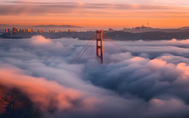 Canvas Print - Golden Gate Bridge Foggy Sunset Colors