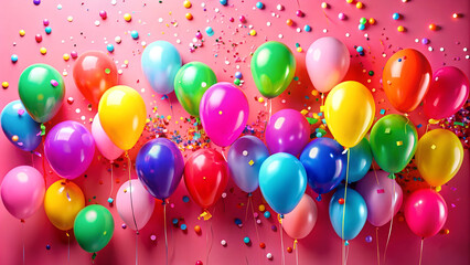 Colorful balloons and confetti against a pink background, celebrating a festive occasion. The vibrant colors and cheerful decor enhance the joyous atmosphere