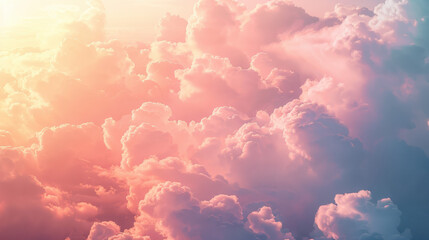 Wall Mural - A photograph of fluffy pink clouds during sunrise, the sky awash with warm tones, ethereal and peaceful