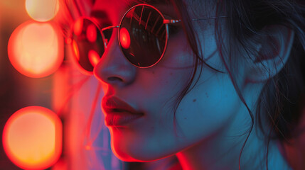 Close-up of a stylish woman wearing sunglasses, illuminated by vibrant neon lights, creating a dramatic and modern effect.
