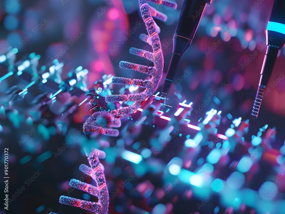 Illuminated CRISPR Cas9 Gene Editing Tool Shown in Futuristic Cyberpunk ...