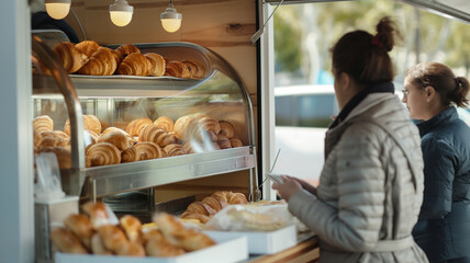 Street bakery, fresh croissants display, customers browsing pastries, outdoor food stall, business concept