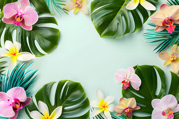 Wall Mural - Summer background with tropical orchid flowers and green tropical palm leaves on light background. Flat lay, top view.