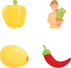 Poster - Vegetarianism concept icons set cartoon vector. Man eating fruit and vegetable. Healthy diet, organic nutrition
