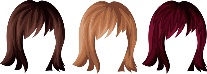 Sticker - set of female brown red blonde hair with bangs and a square braid, for female characters