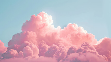 Wall Mural - A photograph of fluffy pink clouds in a serene sky, soft and vibrant pink hues, dynamic and calming