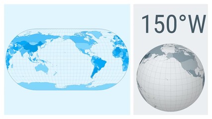 Poster - World Map Animation. Eckert III projection. Colored countries style. Animated world map in Eckert 3 projection. Loopable animation showing longitude shift and matching globe.