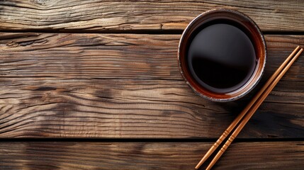 Wall Mural - Soy sauce and chopsticks on wooden table with text space