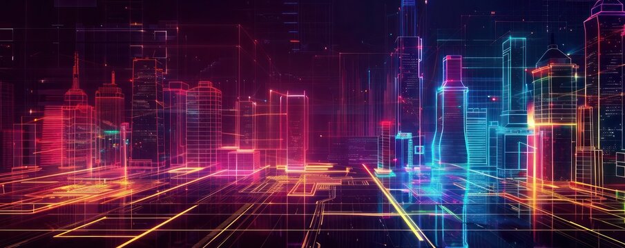 Abstract digital high-tech city design featuring glowing neon outlines of urban architecture against a dark background, perfect for a banner background.