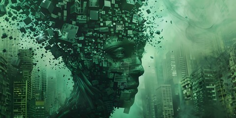Poster - A green and blurry image of a face with a city in the background. The face is made up of many small pieces of paper, giving it a fragmented appearance. Scene is chaotic and disordered, with the city