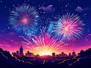 Colorful fireworks explosion at night sky with cityscape silhouette background, fireworks festival concept, illustration generative ai