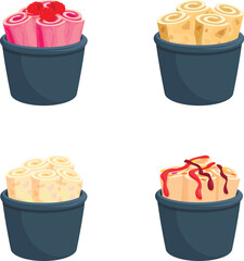 Wall Mural - Fried icecream icons set cartoon vector. Colorful rolled ice cream in cup. Dessert, sweet food