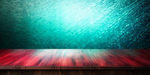 A vibrant red wooden surface stands out against a textured teal background, creating a striking contrast. The soft light enhances the colors and gives the image a serene atmosphere.AI generated.