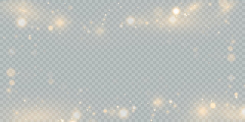 Aufkleber - Glowing golden dust bokeh with reflections. Christmas glowing bokeh and glitter overlay texture for your design on transparent background. Golden particles abstract vector background.