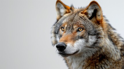  European grey wolf gazes curiously in the wilderness, showcasing its sharp eyes and fur. The predator stands out against a gray background, alert and curious in its natural habitat