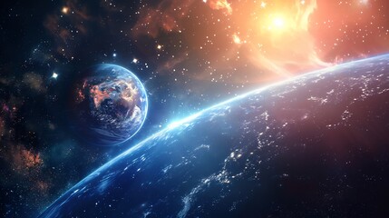 Wall Mural - Space Exploration: Earth and Sun in a Starry Sky