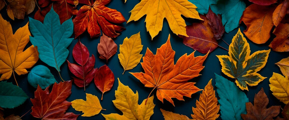 Wall Mural - Vibrant fall season background with colorful orange, yellow, deep red, and teal, layered fallen leaves on dark background. Bright flat lay autumn header wallpaper design.