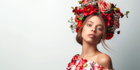 Wall Mural - Portrait of a beautiful woman with a wreath of flowers on her head and a national dress with a floral pattern.