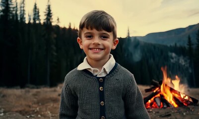 Sticker - Medium shot portrait video of a pleased child male that is wearing a chic cardigan against a remote wilderness campground with a roaring campfire background