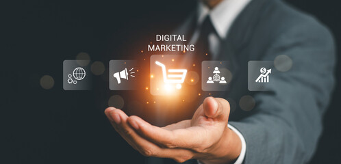 Wall Mural - human hold digital online marketing commerce sale, website advertising, promotion of products, digit
