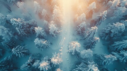 Aerial View of Snow-Covered Pine Trees Under Bright Winter Sunlight. Generative AI