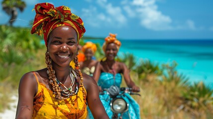 Wall Mural - Group of African women on bicycles exploring the coastal areas of Madagascar