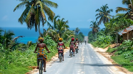 Wall Mural - Group of African women on bicycles exploring the coastal regions of Mozambique