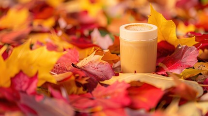 Wall Mural - Autumnal coffee cup nestled in a bed of vibrant fall leaves.