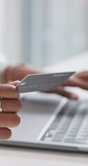 Canvas Print - Business person, hands and laptop with credit card for online purchase, banking or payment at office. Closeup of employee, shopper or debit with typing for eccomerce, fintech or remote transaction