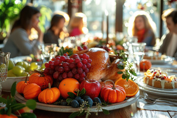 Wall Mural - Happy family and friends having Thanksgiving turkey dinner at festive decorated table 