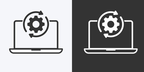 Update icon and upgrade system flat icon isolated on background. System upgrade, and loading process. Installation of application or software. Laptop with gear. Vector illustration.