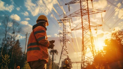 Power lines installation crew working on high-voltage transmission cables.