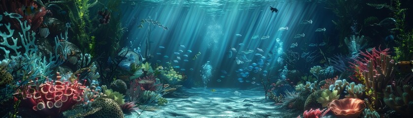 Wall Mural - Underwater coral reef with diverse marine life, sunlight filtering through water creating a serene and vibrant aquatic scene.