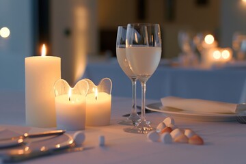 A beautifully set dinner table with heart-shaped candles, perfect for a romantic evening. The warm glow of the candles creates a cozy and intimate atmosphere.