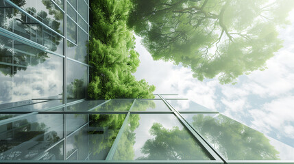 Wall Mural - Modern Office with Lush Greenery and Glass Facade, ustainable Architecture: Glass Building with Green Surroundings, reen Reflection: Contemporary Office with Trees and Plants