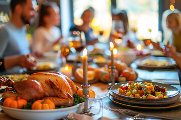 Wall Mural - Happy family and friends having Thanksgiving turkey dinner at festive decorated table 