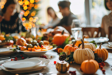 Wall Mural - Happy family and friends having Thanksgiving turkey dinner at festive decorated table 